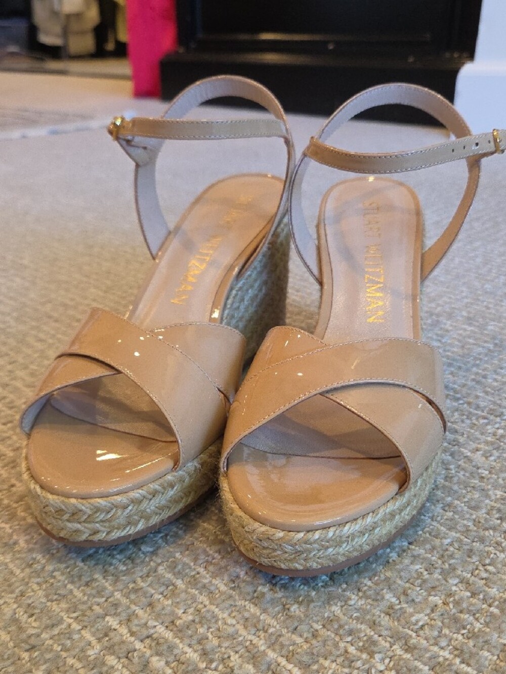 Stuart Weitzman Patent Leather Espadrille Wedge Sandals in Nude - Picture 2 of 14